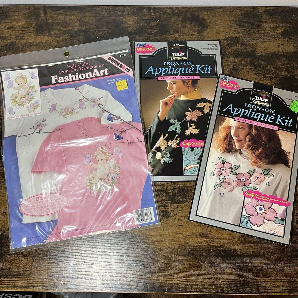 Vintage Tulip Treasures & Dimensions No Sew Iron-On Applique Kit Lot of 3 New